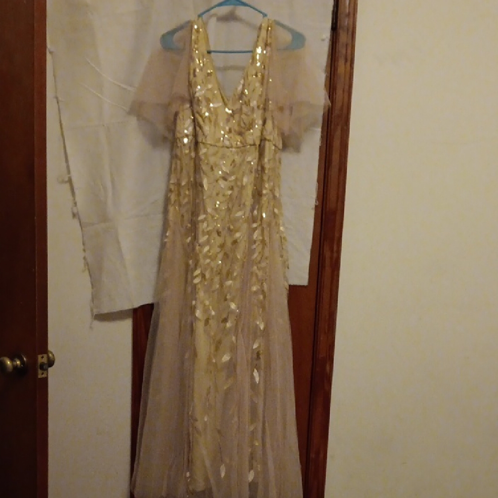 Gold Sequin Evening Dress with Sheer Sleeves